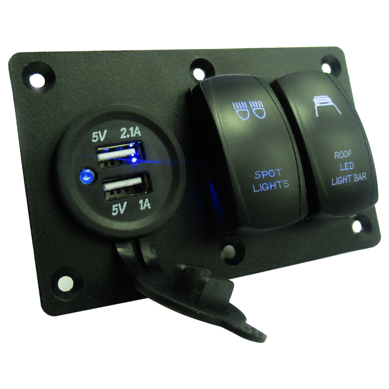 2 way rocker switch with USB charger panel